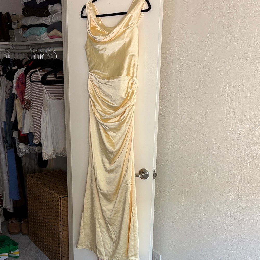 Dalia Pale Yellow Satin Cowl Neck Maxi Dress